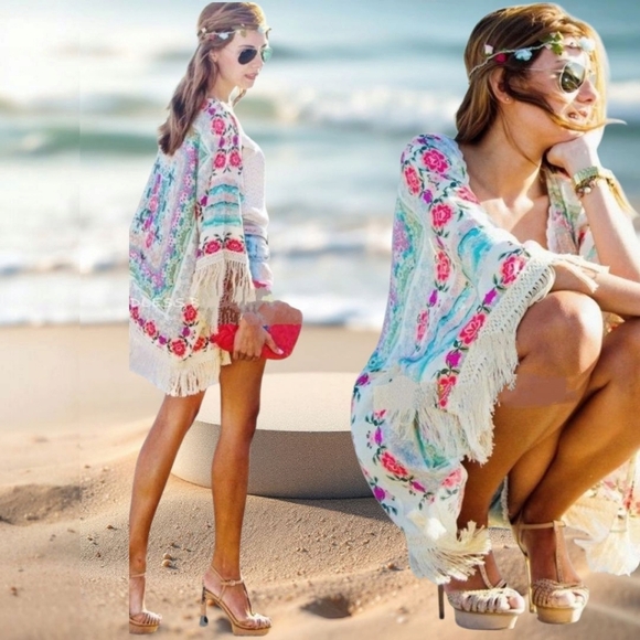 OPEN Floral Chiffon Fringe Boo-boo Style Swimsuit Cover-Up Size LG/XL - Picture 1 of 12